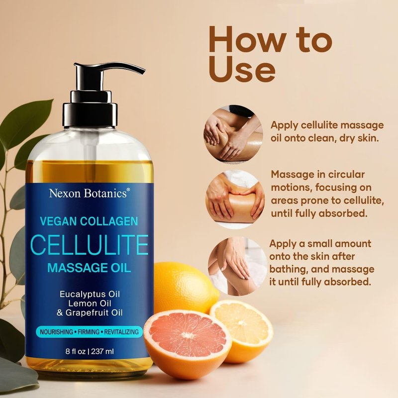 Anti-Cellulite Massage Oil - Natural Vegan Collagen & Stem Cells for Relaxation | 8 fl oz