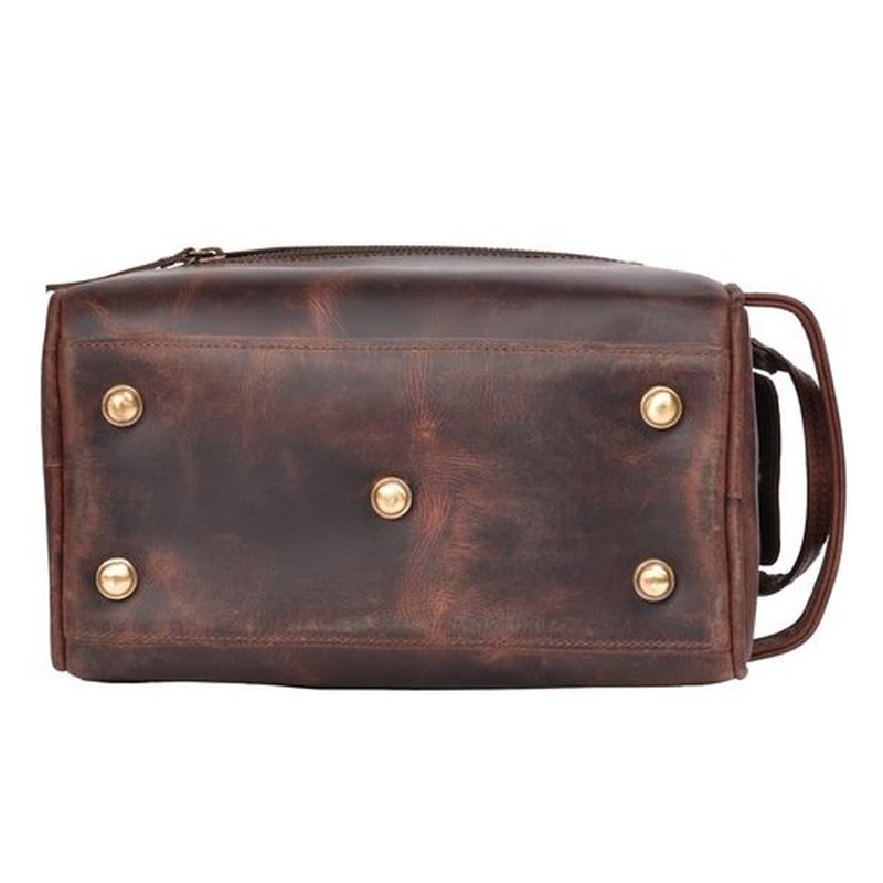 LEATHER VILLAGE Premium Leather Toiletry Travel Pouch With Waterproof Lining - Dark Brown | King-Size Handcrafted Vintage Dopp Kit Bag