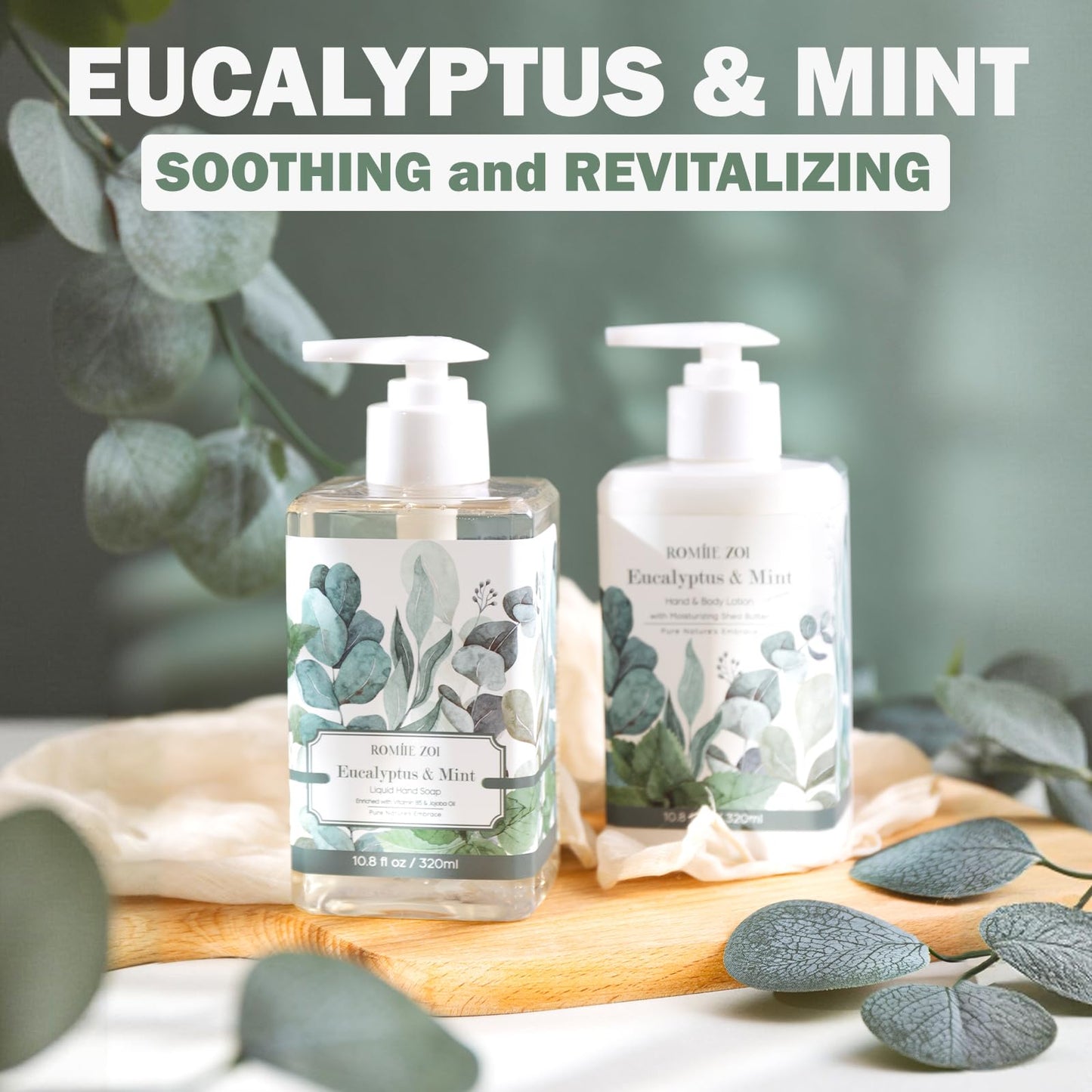 ROMIIE ZOI Eucalyptus Mint Liquid Hand Soap and Lotion - 320ml / 10.8 Fl Oz Each - Invigorating Zest, Gentle on Hands