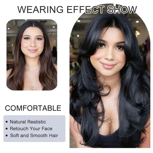 Jolelyne Silver Gray Ombre Wigs Layered Wavy Wig with Curtain Bangs for White Women Light Grey Body Wave Wig Natural Long Hair Wig for Women Synthetic Silver Highlight Gray Wig
