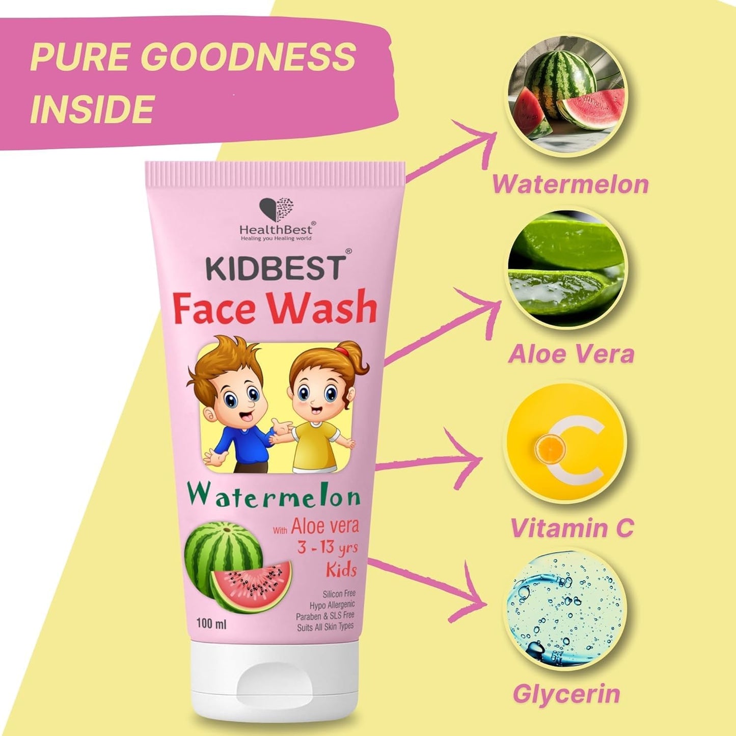 HealthBest Kids Tear-Free Daily Face Wash – Multivitamin-Enriched Skincare with Organic Watermelon – Safe, Gentle, and Fun for Sensitive Skin | Skincare for Kids| Trusted by Parents | 100ml,Pack of 1