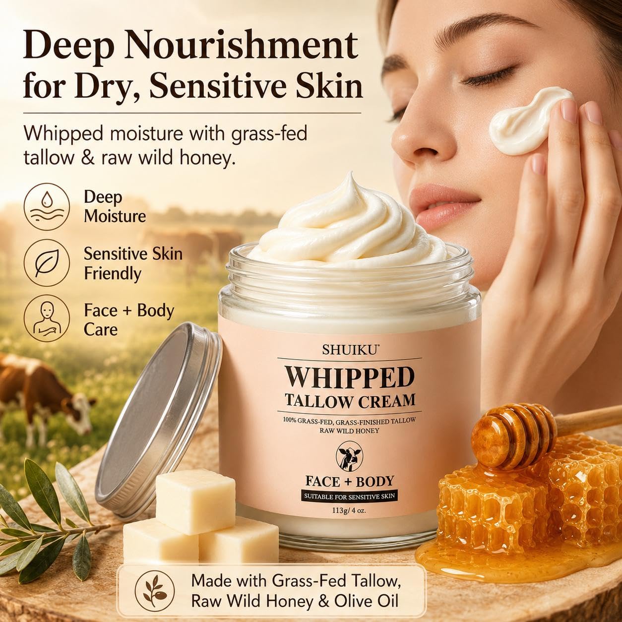 SHUIKU Beef Tallow for Skin – Organic Beef Tallow Balm & Whipped Tallow Moisturizer | Natural Tallow Face & Body Cream, Honey Balm for Nourishing Skincare