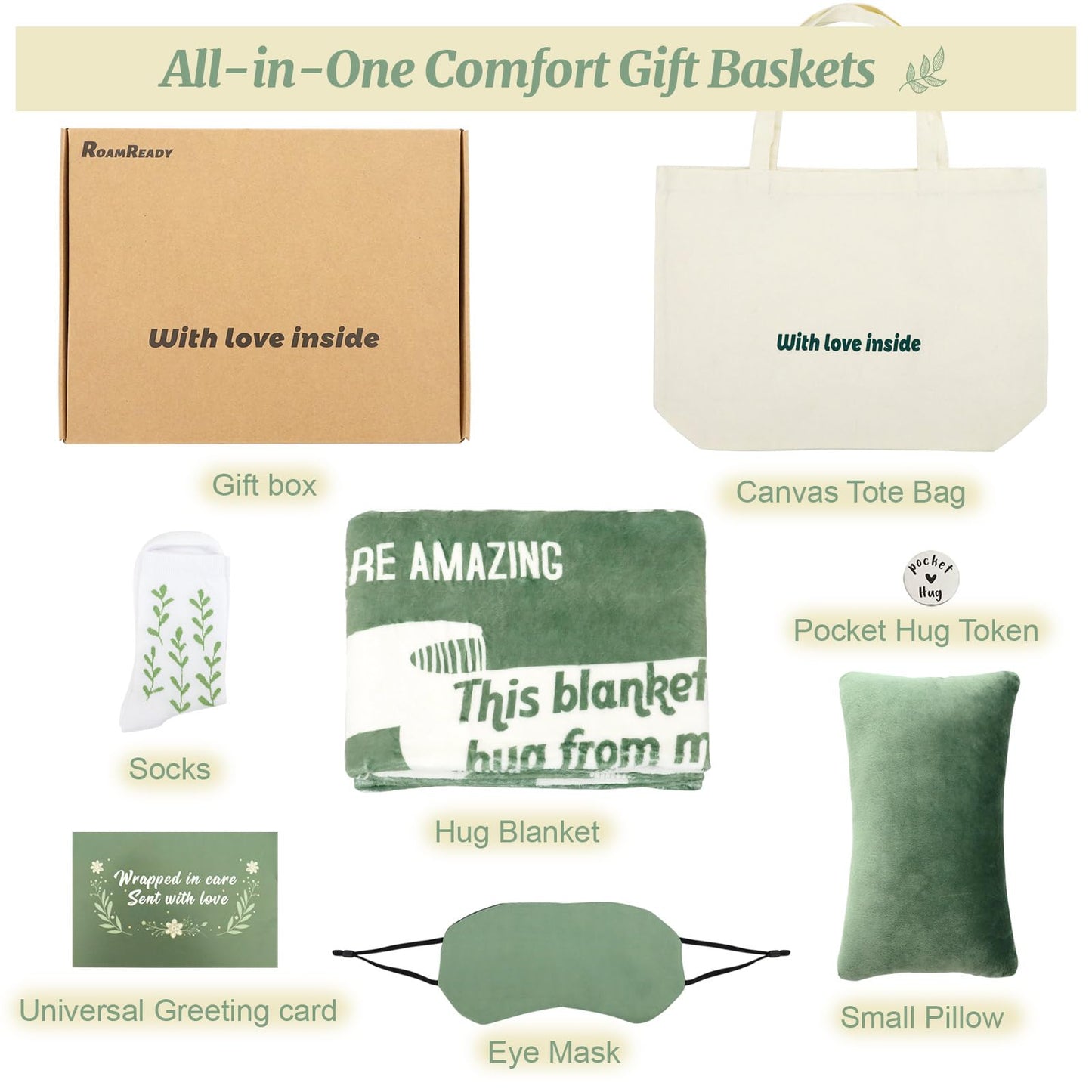 RoamReady Get Well Soon Gift Baskets for Women, Thinking of You, Cancer Care Gifts for Family Friends Sister, 8pcs Care Package With Small Pillow for Travel, Hug Blanket, Pocket Hug Token, Canvas Bag