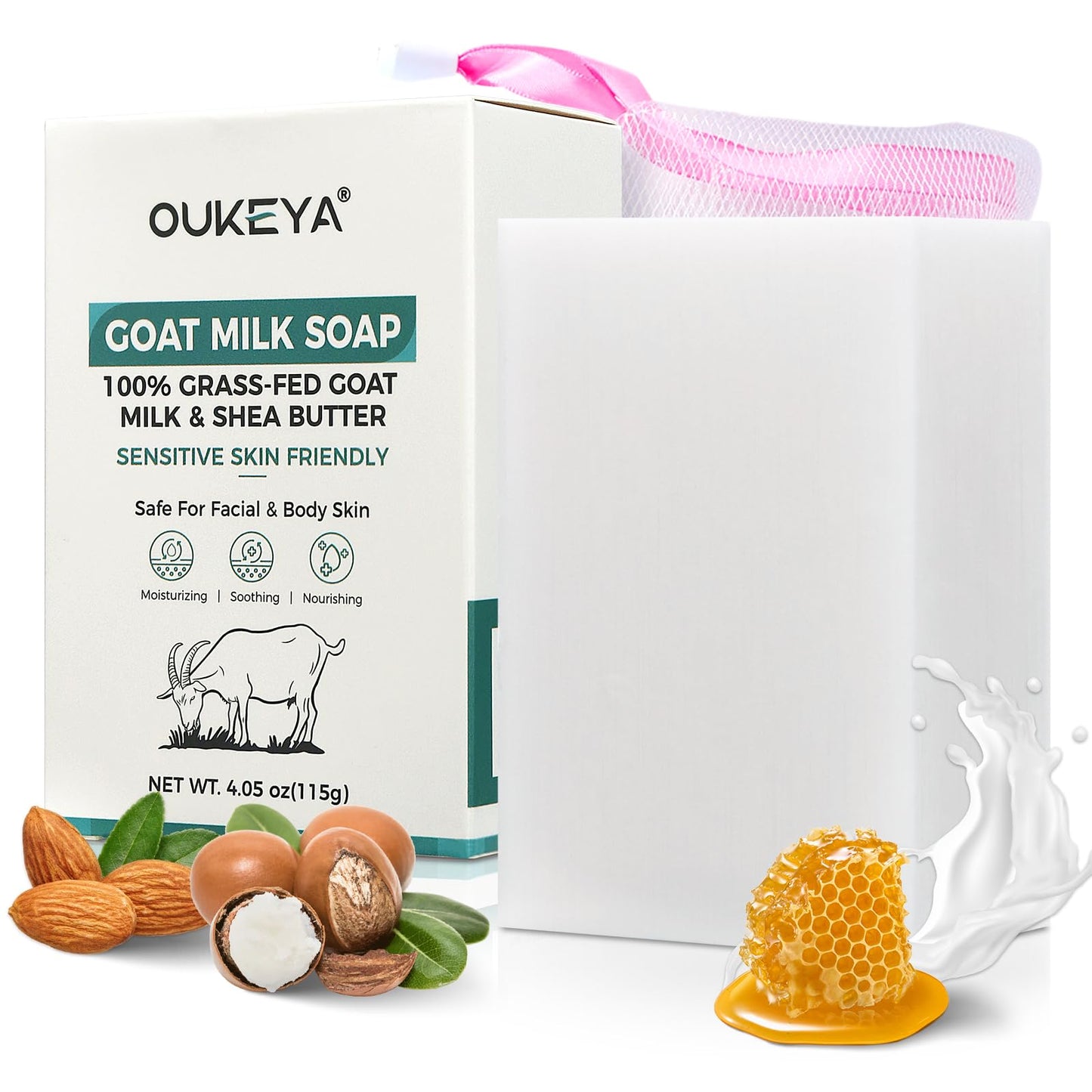 OUKEYA Goat Milk Soap Bar, Natural Goats Soap, Moisturising & Gentle Cleanser for Face & Body, Solid Soap Bars for Dry Sensitive Skin, No Harsh Chemicals, with Hanging Foaming, 4.05oz(1pack)