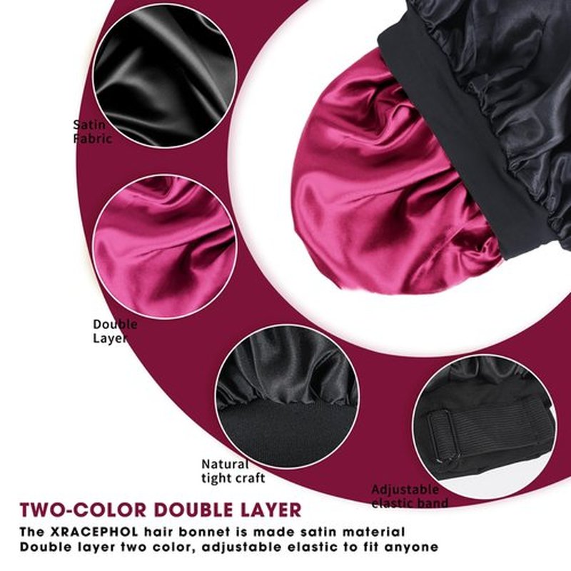 Silk Bonnet for Sleeping Double Layer Satin Bonnet Adjustable Bonnets for Black Women Sleep Cap Reversible Hair Bonnet for Curly Hair (Black and Wine)