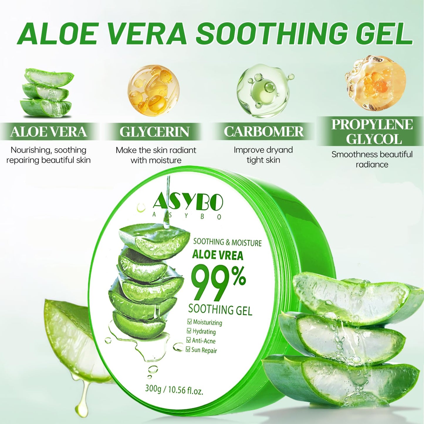 ASYBO 300 ML Natural Aloe Vera Gel -Organic Moisturizing Cream, Soothing and Hydrating, Sunburn and Scar Repair, Care for Face Body Hair