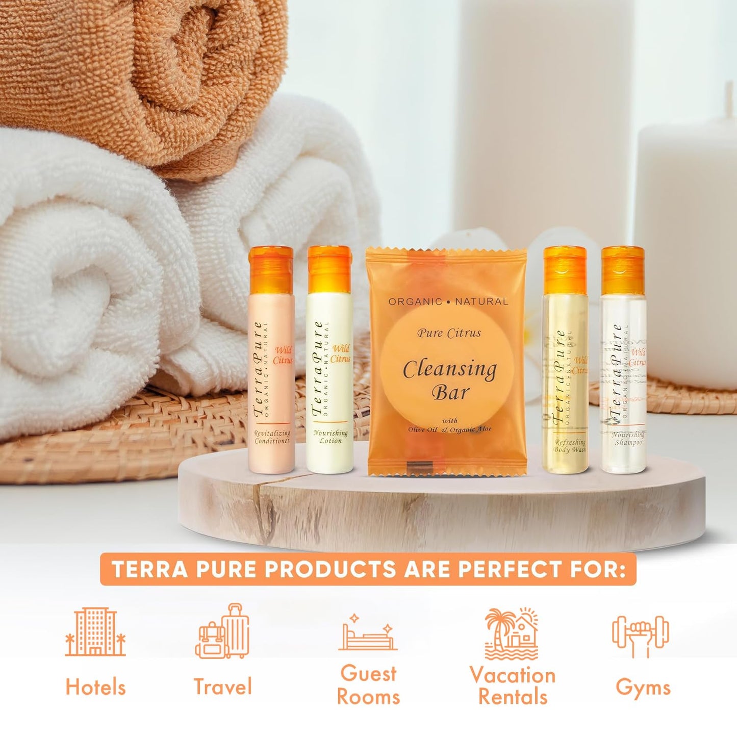 Terra Pure Wild Citrus Hotel Amenities Set | 1-Shoppe Amenities Kit | 1oz Shampoo, Conditioner, Body Wash, Lotion, Bar Soap | Travel Size | 300 Pieces