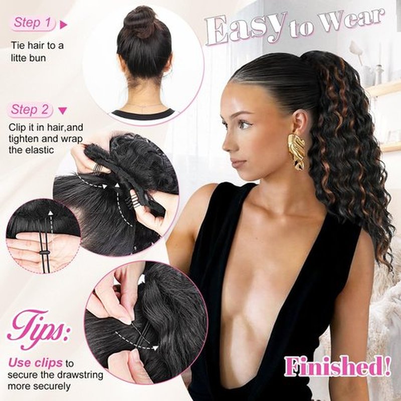 ALXNAN Wavy Curly Ponytail Extension, 18" Black With Highlights Drawstring Ponytail for Black Women Short Soft Natural Synthetic Hairpiece Thick For Daily Use
