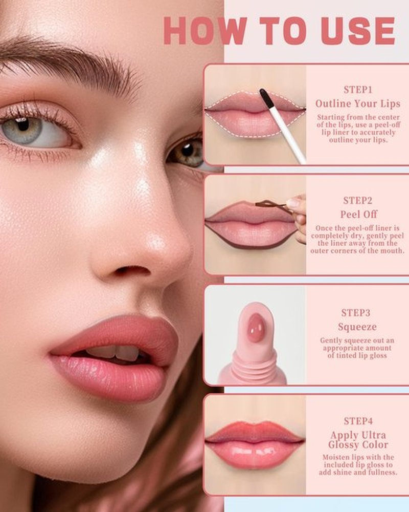 Peel Off Lip Liner Stain & Lip Gloss Set,Long Lasting Waterproof Nude Lip Stain Peel off Tattoo Lip Liner & Tinted Brown Lipstick Combo Non-Stick Cup Transfer Proof Lip Stain Color Women Makeup, Set D