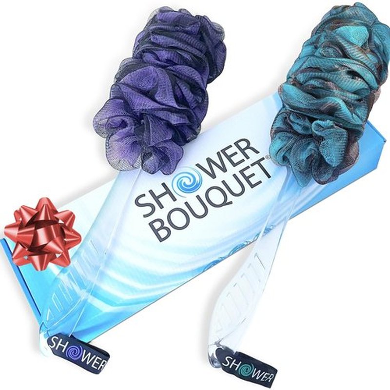 Loofah-Charcoal Back-Scrubbers Color-2-Pack-by-Shower-Bouquet: Long-Handle Bath-Sponge-Brushes with Extra Large Soft Mesh for Men & Women - Exfoliating Full Pure Cleanse in Bathing Accessories