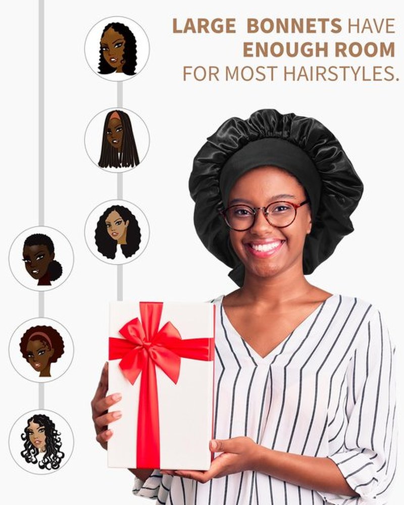 Satin Bonnet for Women Silk Bonnets for Sleeping Curly Hair Bonnet with Elastic Tie Band Reversible Double Layer Sleep Cap Hair Wrap (Black + Red Flower)