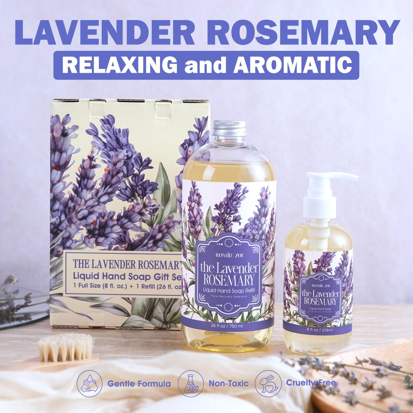 ROMIIE ZOI Liquid Hand Soap Gift Set, 750ml Refill+236ml Liquid Soap, Cruelty-Free, Moisturizing Formula with Essential Oils, For Sensitive Skin, Lavender Rosemary Scent, For Kitchen & Bathroom