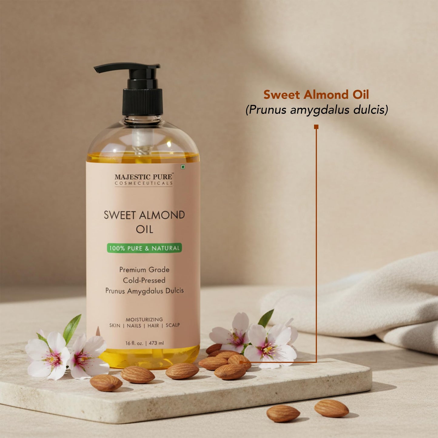Majestic Pure Organic Sweet Almond Oil - 100% Pure & Natural - Premium Grade, Cold-Pressed, Hexane-Free Carrier Oil for Skin, Hair and Body - Moisturizing Skin, Hair and Scalp - 8 Fl Oz