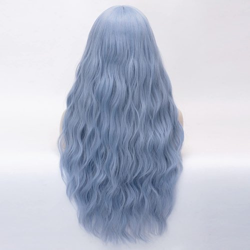 QACCF Long Blue Wig Women Long Wavy Pelucas Fluffy Curly Women Synthetic Fiber Realistic Fun Bang Light Blue Colorful Girls Wig (Blue)