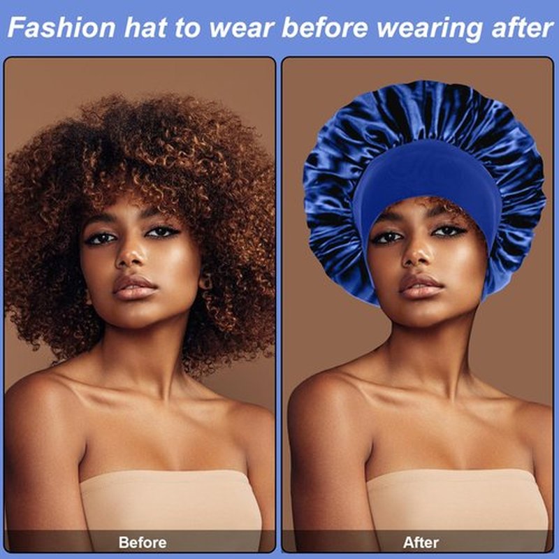 4PCS Silk Bonnet for Sleeping - Hair Satin Bonnets for Black Women Men,Hair Wrap Cap for Curly Hair,Elastic Wide Band Hair Bonnet Shower Cap for Sleeping (Black & Sapphire Blue & Green & Purple)
