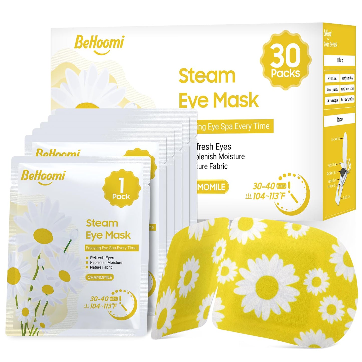 BeHoomi 30Packs Steam Eye Mask, Heated Eye Mask Warm Compress for Eyes, Self Heating Disposable Eye Masks for Home Sleep, Spa, Travel Essentials & Relaxation Gifts, Stocking Stuffers