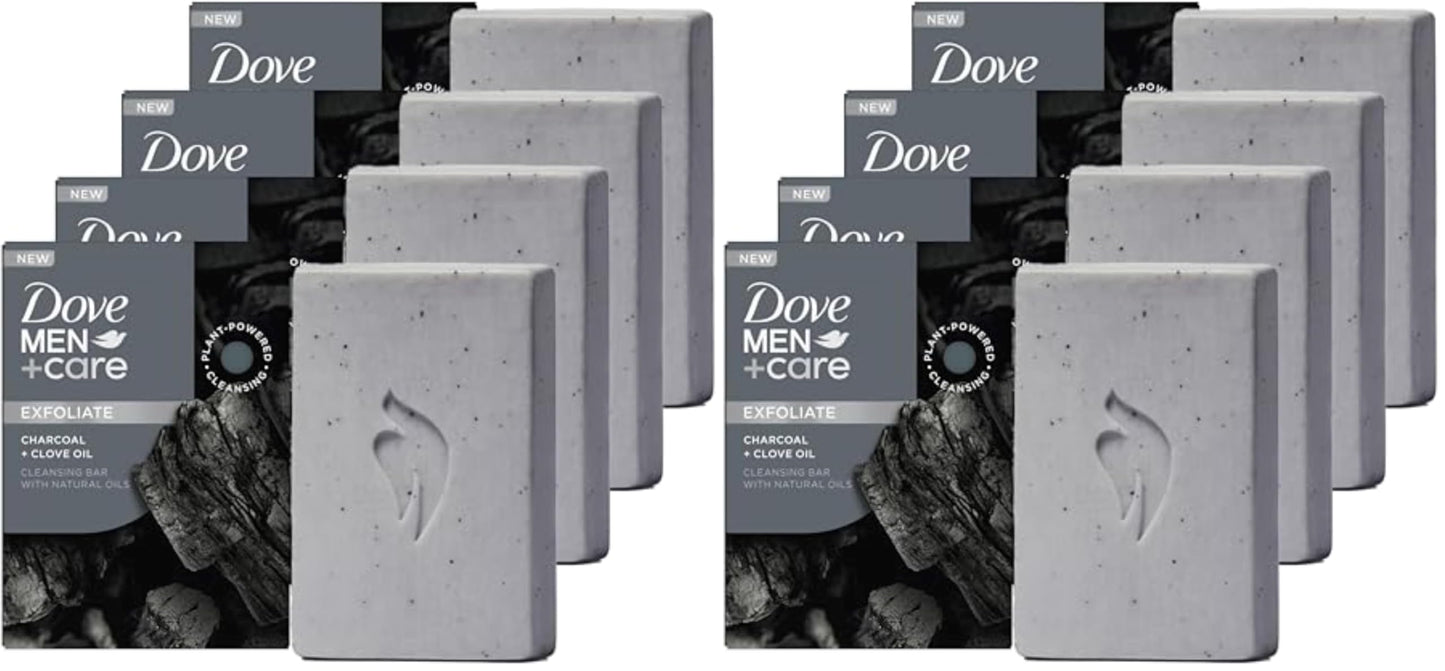 DOVE MEN + CARE Cleansing Bar Soap Charcoal + Clove Oil to Rebuild Skin in the Shower,a 4in1 Hair,Body,Face & Shaving Bar with Plant-Based Cleanser and Natural Oils 5 oz,(Pack of 8)