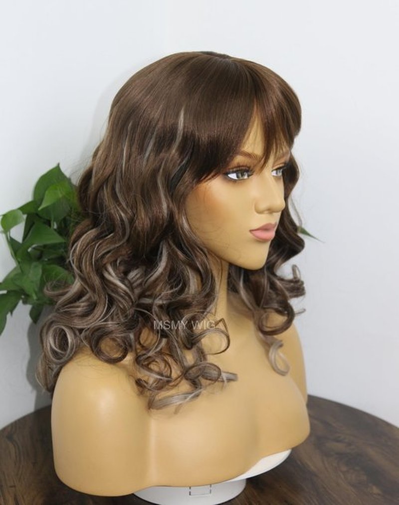 MSMYRNS Platinum Blonde Highlights Dark Brown Synthetic Wig With Bangs Glueless No Lace Fringe Unit Kinks Culry Heat Resistant Full Wig African Yaki Texture Girls Women Beauty Quick Wig