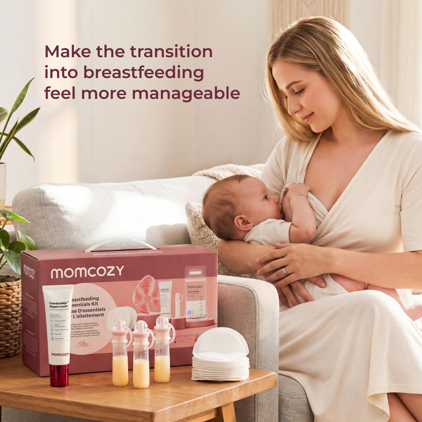 Momcozy 73pc Postpartum Essentials Kit, Initiate breastfeeding for New Moms, Hospital Bag Must Haves with Nursing Pads, Hot & Cold Breast Pads, Nipple Cream, Colostrum Collectors and Milk Storage Bags