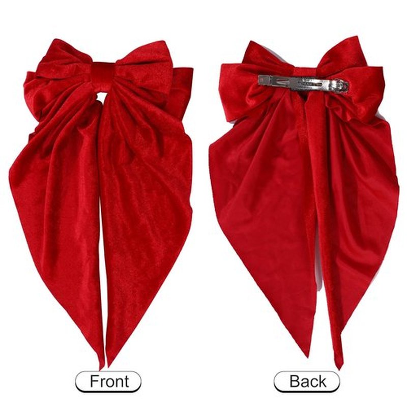 Oversized Velvet Hair Bows for Women Girls,Long Tail Handmade Bowknot Barrettes Velvet Bows Hair Accessories (Red & Black)