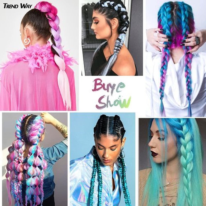 Jumbo Braiding Hair Fiber Mix Four Silky Colorful Twist Braiding Hair 3pcs Rainbow Colors Extensions Synthetic Hair Lake-Blue-Light Purple-Pink Synthetic Fiber Soft Healthy (24 Inch 3pcs)