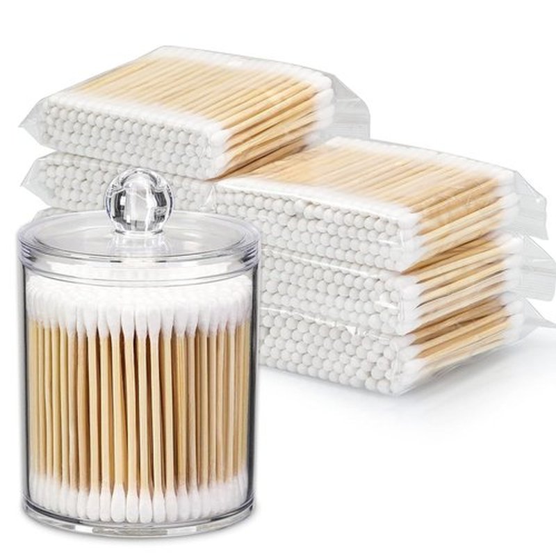 700 Count Cotton Swabs with 1 Clear Dispenser Holder- Round & Pointed Tip & Thick Cotton & Sturdy Bamboo Stick - Eco-Friendly, Biodegradable Original Natural Cotton Buds for Ears, Hygiene, Beauty Care
