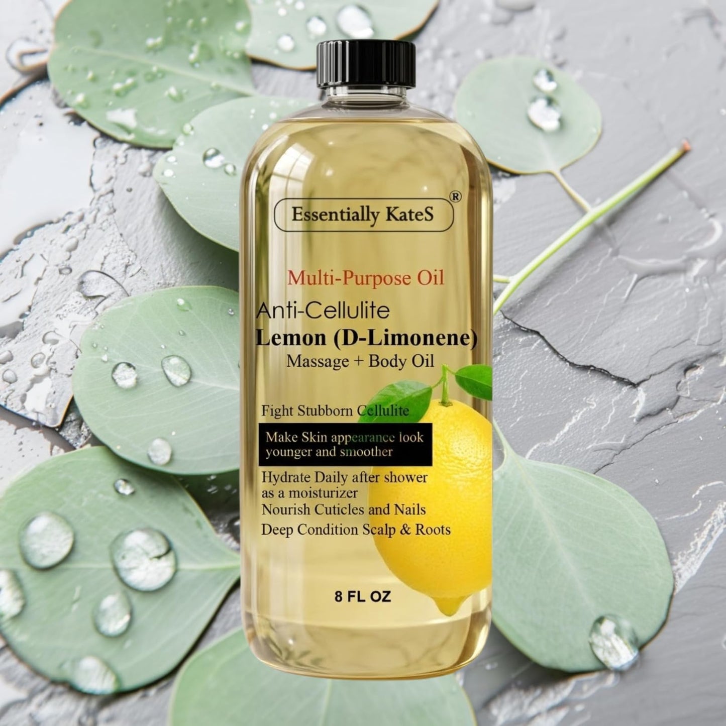 Essentially KateS Lemon (D-Limonene) Massage Lotion Body Oil Multi-Purpose Oil 8 Fl Oz - Cellulite Massage, After-Shower Moisturizer, Hair Scalp Conditioning, and Nail & Cuticles Nourishing