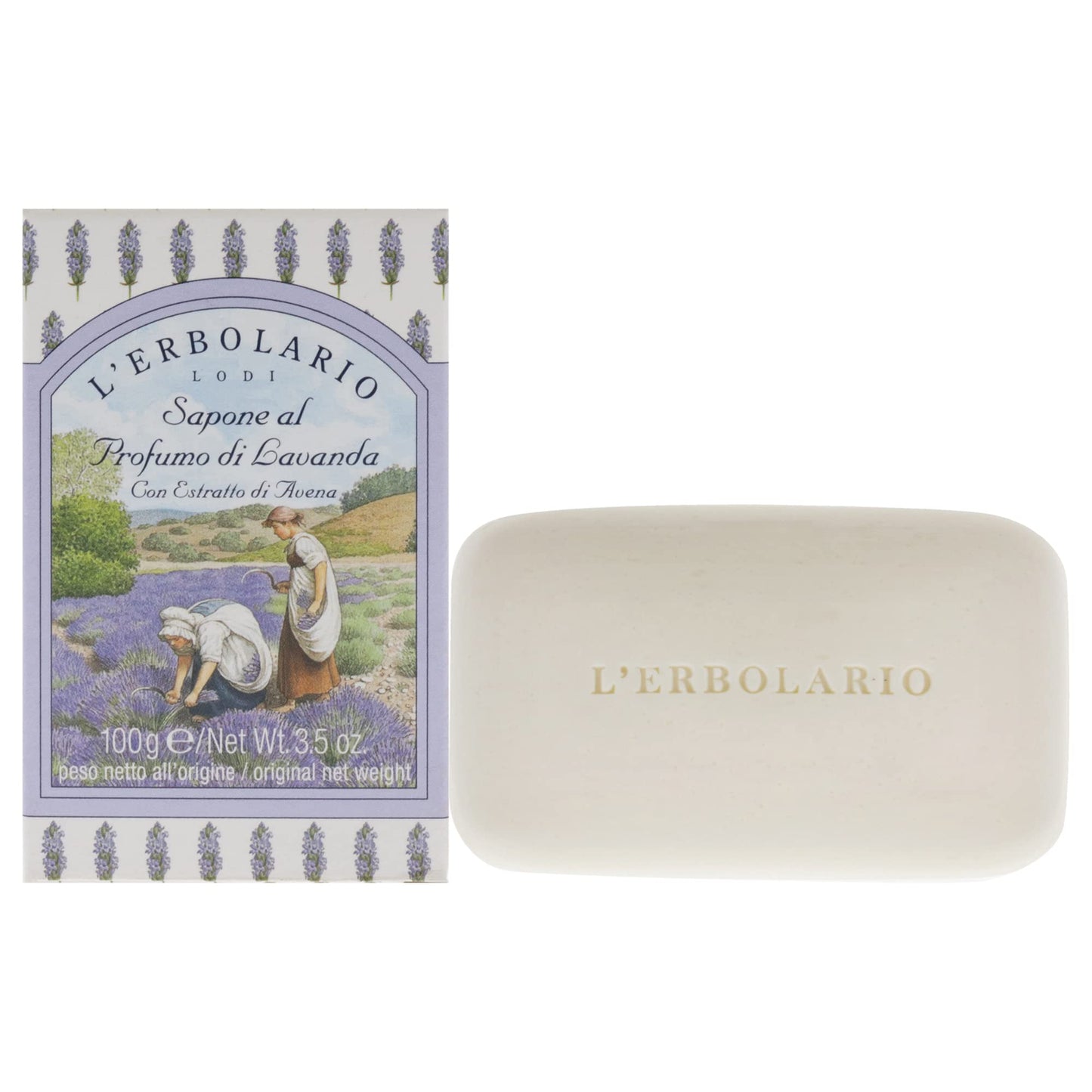 L'Erbolario Lavender Perfumed Soap Bar - Gentle Cleanser - Coconut, Sunflower & Canola Oils - Moisturizing Formula - 3.5 Oz
