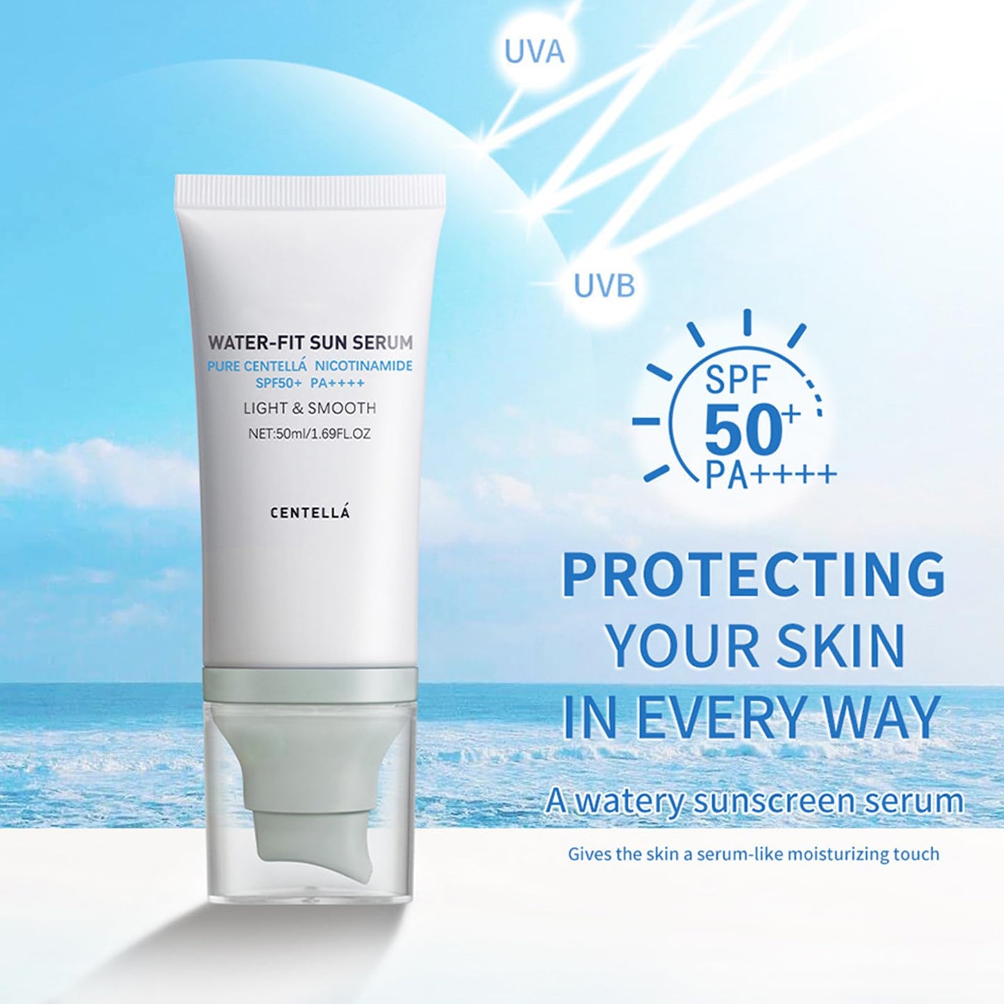 Centella Sunscreen SPF 50, Long-Lasting Protection, Nourishing Skin Protection and UV Defens,Centella Madagascar Sunscreen,Moisturizing Non-Sticky Centella Water-Fit Sun Serum for All Skin