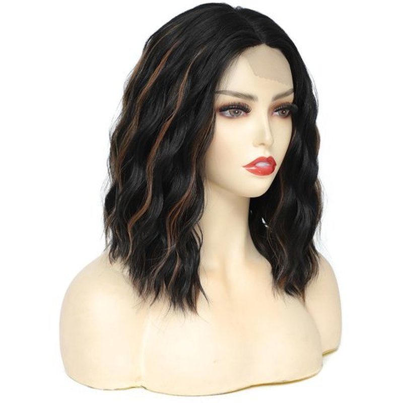 Rose bud Wavy Bob Wig Natural Wig Dark Brown mix Bleach Blonde Synthetic Hair Shoulder Length Short Curly Middle Part Lace Front Wigs for Women