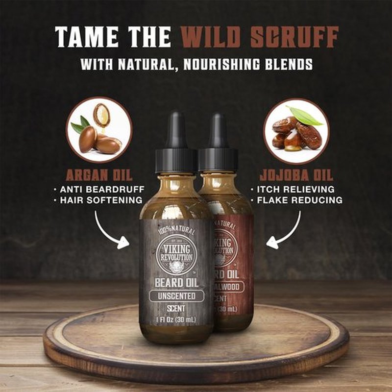 Viking Revolution Sandalwood and Unscented Beard Oil for Men - Natural Mens Beard Oil with Argan Oil and Jojoba Oil - Beard Softener, Strengthens and Moisturizes - Beard Conditioner for Men (2 Pack)