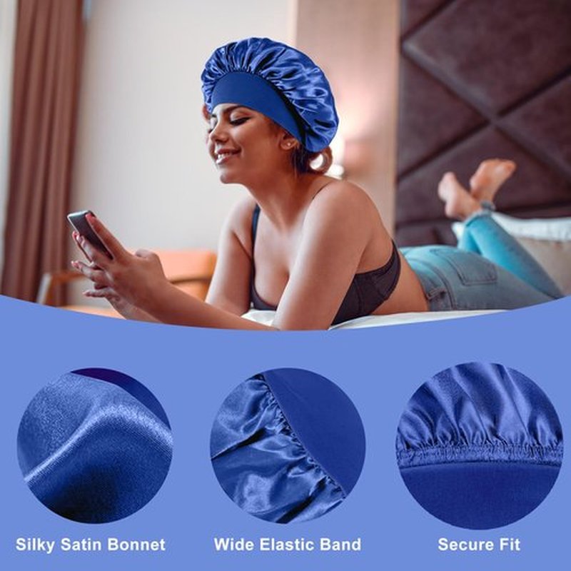 4PCS Silk Bonnet for Sleeping - Hair Satin Bonnets for Black Women Men,Hair Wrap Cap for Curly Hair,Elastic Wide Band Hair Bonnet Shower Cap for Sleeping (Black & Sapphire Blue & Green & Purple)