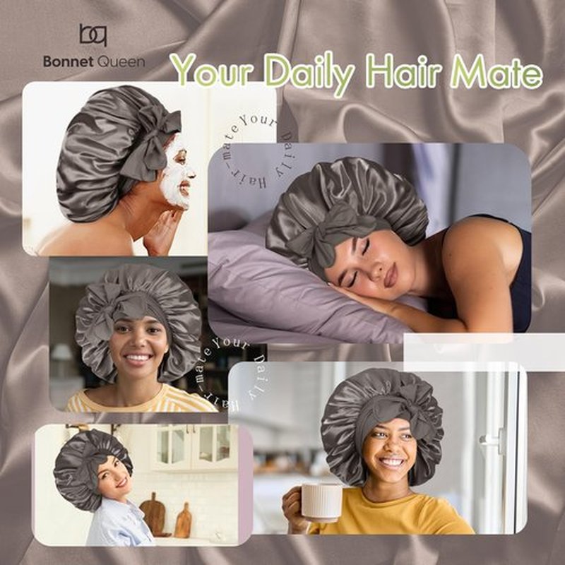 BONNET QUEEN Large Satin Bonnet Silk Bonnet for Sleeping Women Hair Bonnet Big Bonnet Night Sleep Cap Scarf Wrap for Curly Hair with Tie Band Grey Brown