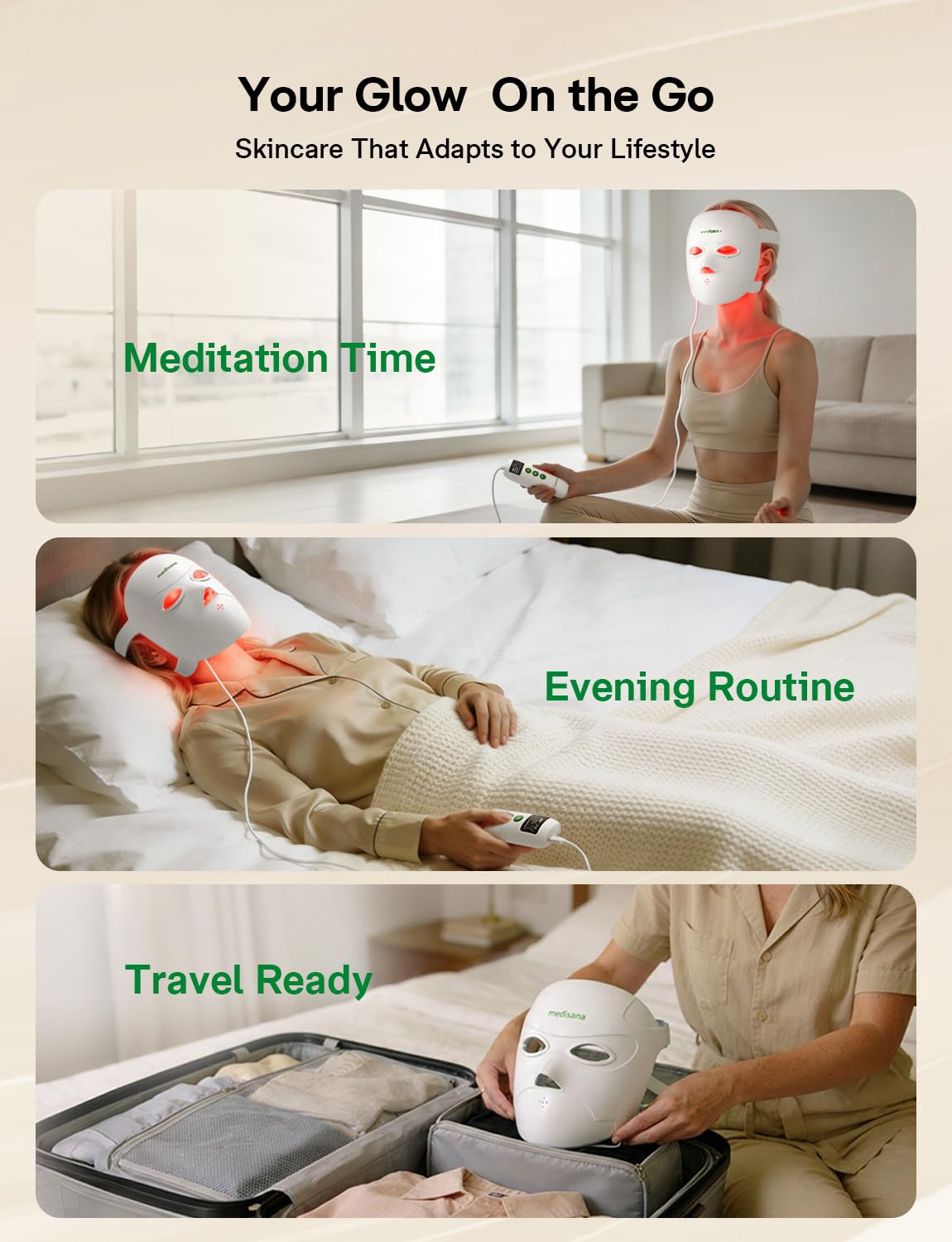 Medisana 3D Red Light Therapy Mask for Face, 336 LEDs Light Therapy Mask with 3 Modes - NIR 830nm, Red 630nm, Blue 415nm - Cordless & Rechargeable LED Face Mask for Home, Skincare Gifts (White)