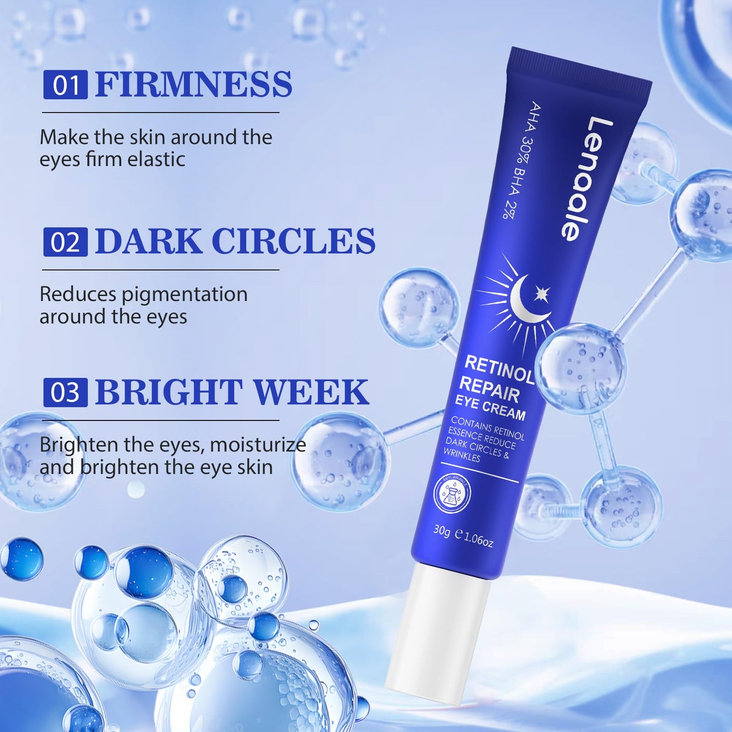 Lenaale Eye Cream, Hydrating Under Eye Care Daily Wrinkle Cream, Infused with AHA30% to Smooth and Hydrate Skin, Eye Crea for Dark Circles Treatments