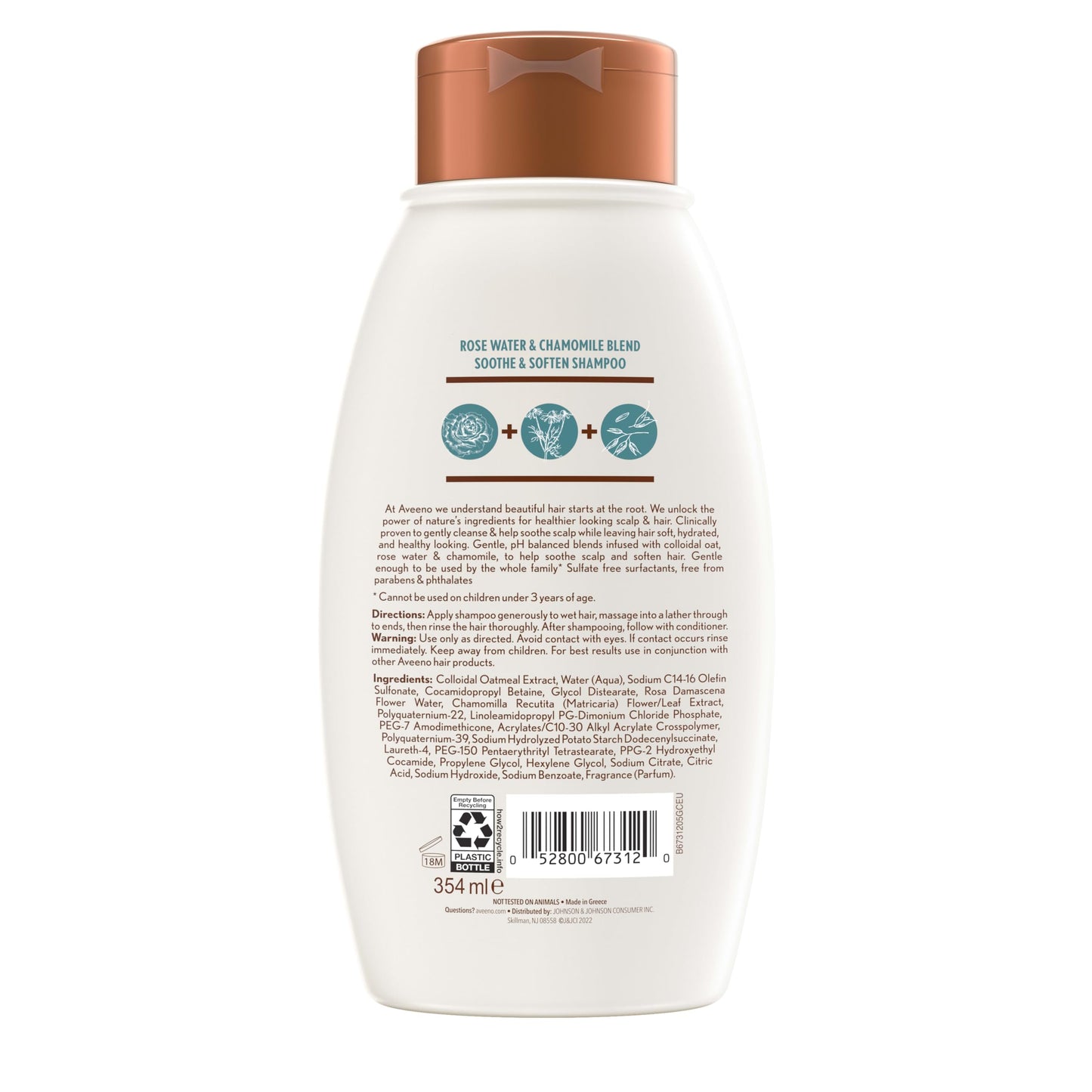 Aveeno Rose Water & Chamomile Shampoo for Dry Hair, Hydrating, 12 fl oz(Packaging May Vary)