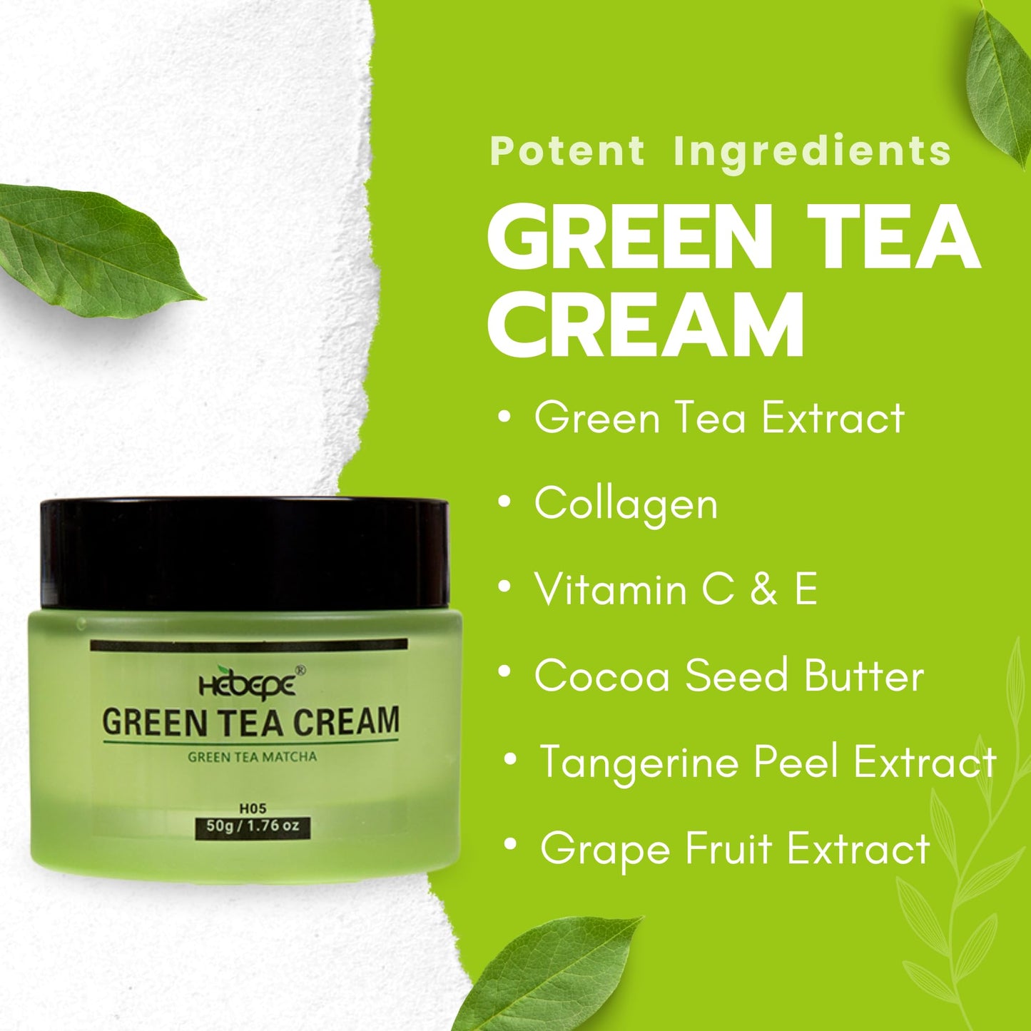 Hebepe Green Tea Matcha Face Moisturizer Cream with Collagen, Cocoa Butter, Grapefruit, Vitamin C & E, and Tangerine Peel Extract, Hydrating, Firming, and Brightening Cream