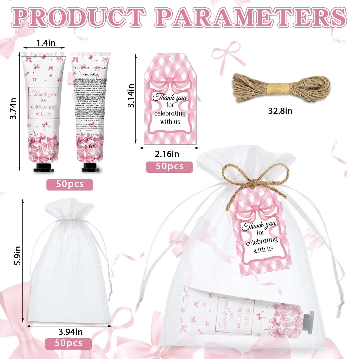 50 Sets Baby Shower Pink Bow Hand Cream Gifts Bulk for Women Girls Favors Guest Gifts, Bachelorette Mini Travel Hand Lotion for Wedding Bridal Engagement, Gender Reveal Party Stuffers