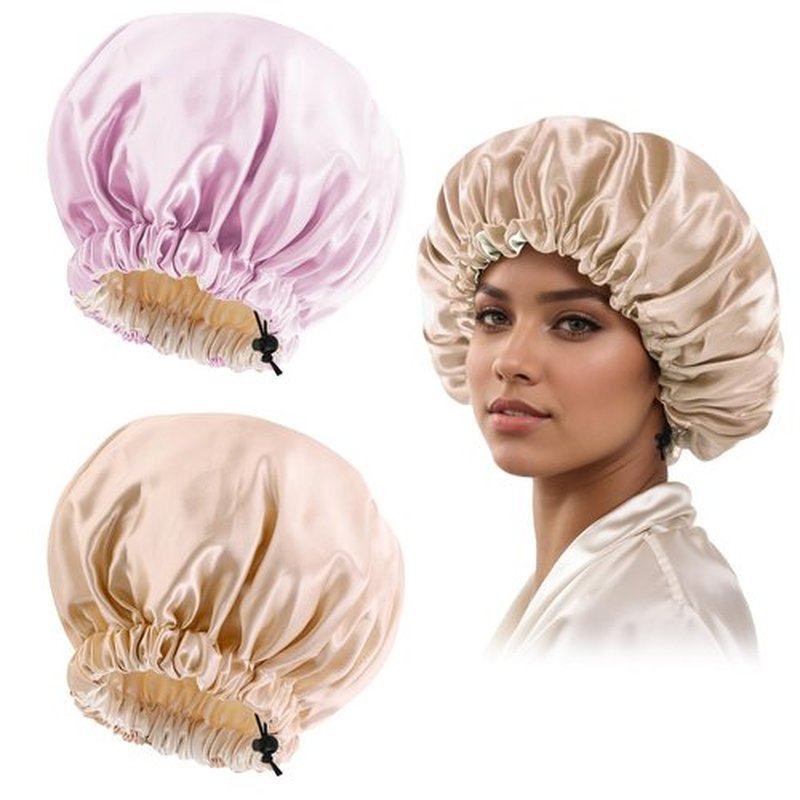 Satin Bonnet Silk Bonnet for Curly Hair Bonnet Braid Bonnet for Sleeping Bonnets for Women Large Double-Layer Adjustable(Champagne&Pink)