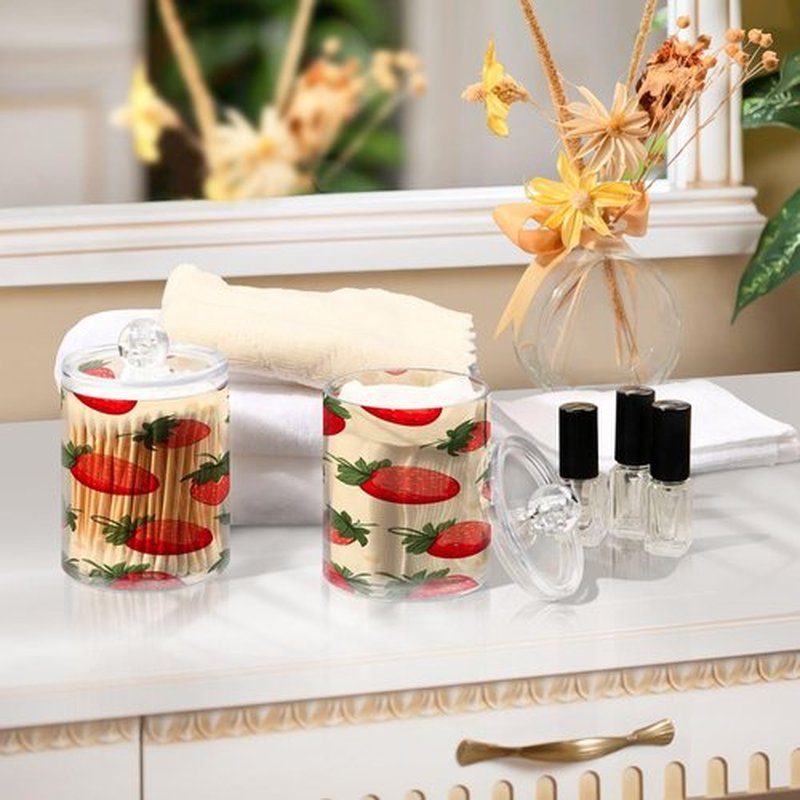 Blueangle 2 Pack Strawberry Pattern Qtip Holder Dispenser for Cotton Ball, Cotton Swab - Plastic Apothecary Jar Set for Bathroom Canister Storage Organization（896）