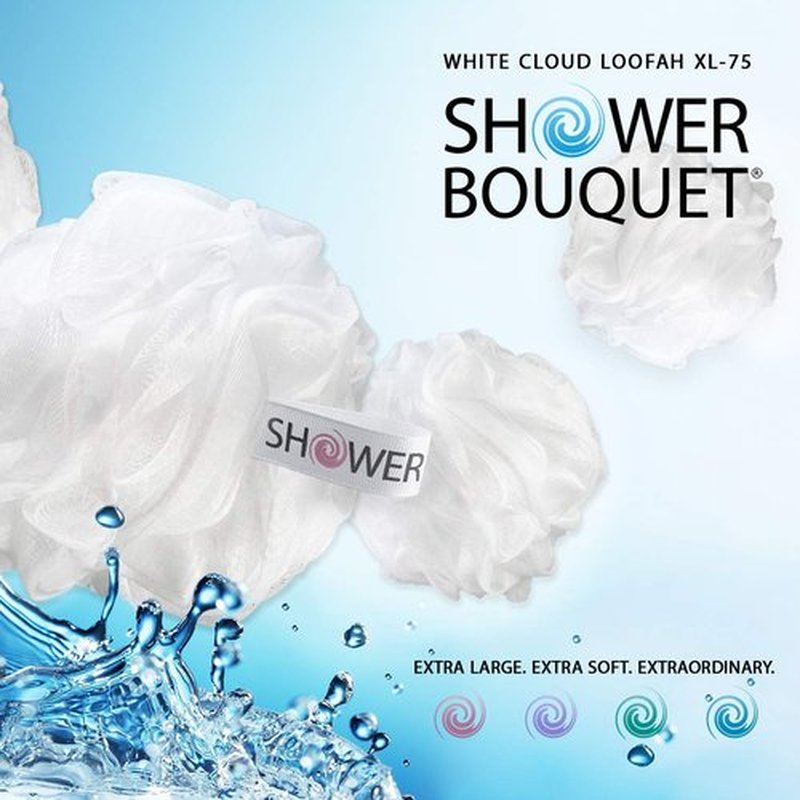 SHOWER BOUQUET Loofah Soft-White-Cloud Bath-Sponge XL-75g-Set 4 Pack, Extra Large Mesh Pouf for Men and Women - Exfoliate with Big Gentle Cleanse Scrubber in Beauty Bathing Accessories