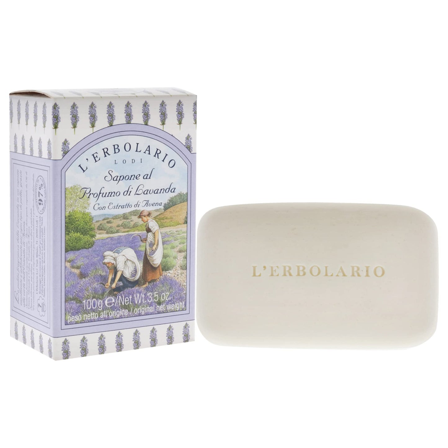 L'Erbolario Lavender Perfumed Soap Bar - Gentle Cleanser - Coconut, Sunflower & Canola Oils - Moisturizing Formula - 3.5 Oz