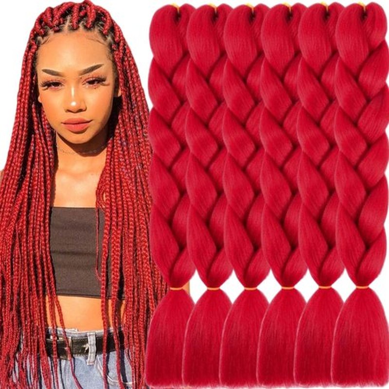 TENGSHUO FLY Red Braiding Hair 6 Packs Synthetic Braid Hair Extensions Jumbo Ombre Braiding Hair 24 Inch or Box Braids Twist Crochet Braids(24"6Pack,Red)