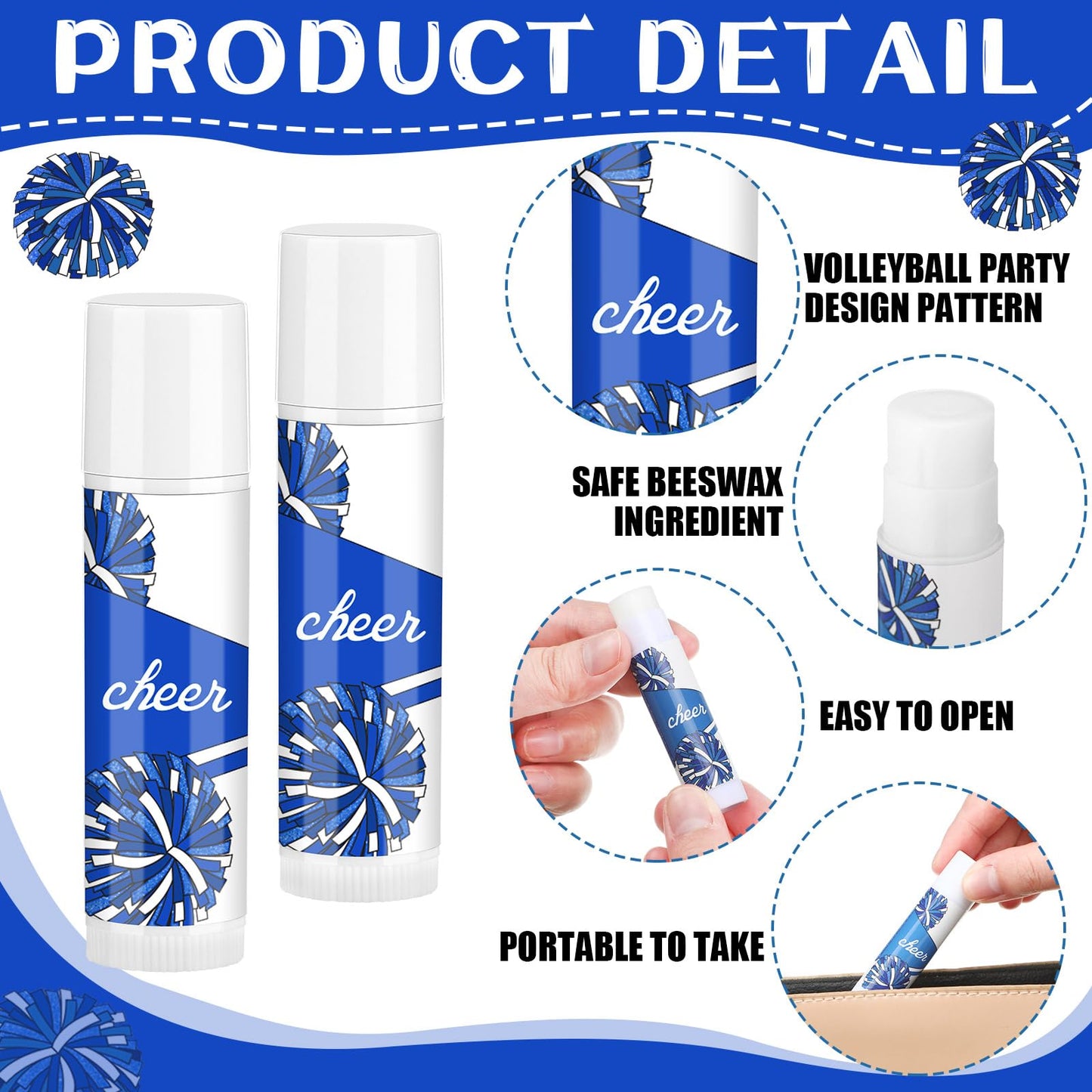 Suttmin 24 Pcs Cheer Lip Balm Bulk Cheer Teams Camp Gifts Pom Pom Leaders Party Favors Gear Lip Balm Valentine's Day Gift for Competitive Party Guest Supplies(Blue and White)