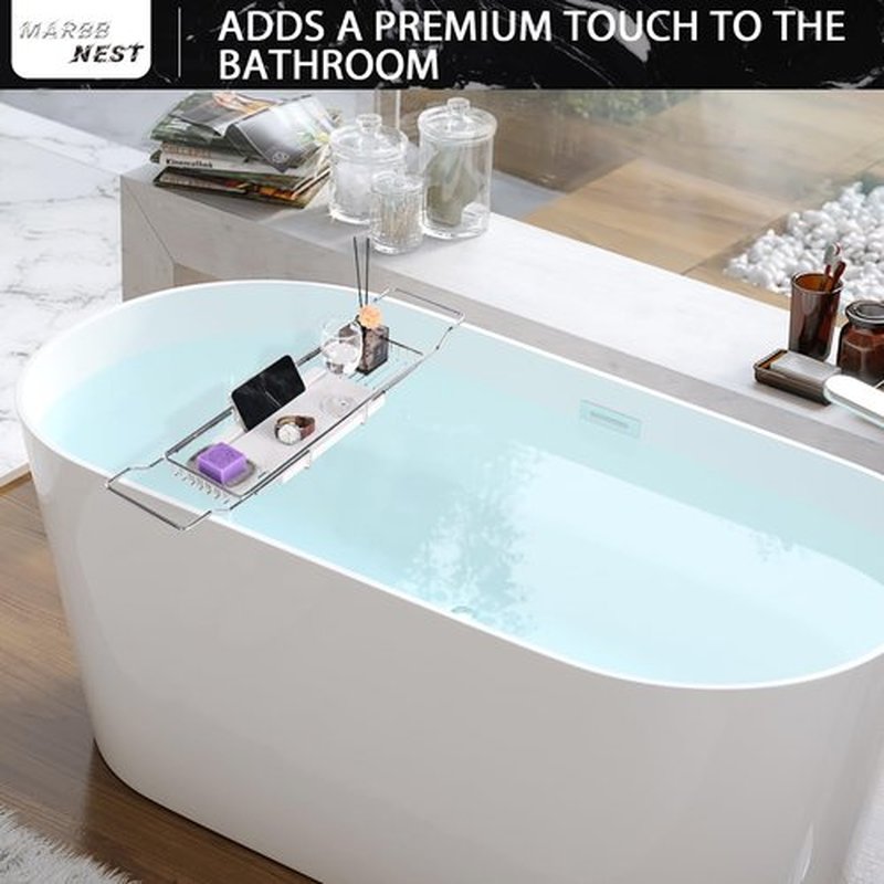 MARBBNEST Bathtub Tray Caddy for Luxury Bath Expandable Extra Wide Bath Tub Tray with Natural Marble Tray and Mobile/Tablet Stand, Ideal for Home Spa Lovers (Chrome + White)
