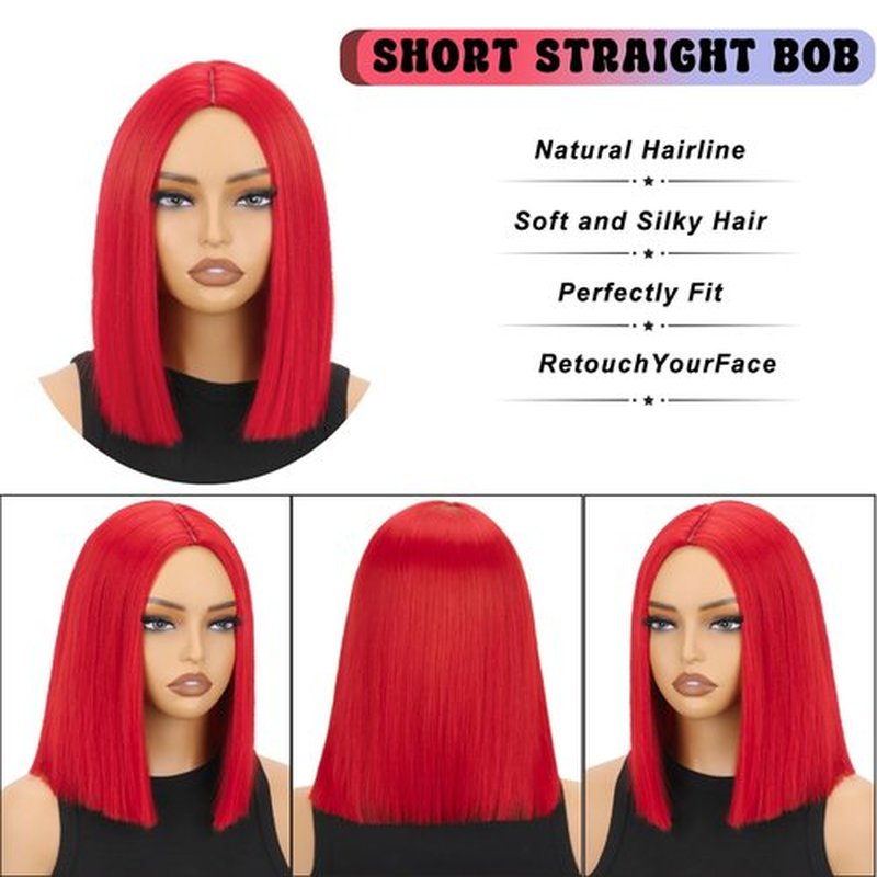 SUKRI Red Bob Wig 12 Inch Middle Part Straight Bob Wigs for Women Heat Resistant Synthetic Wig for Costume Cosplay Halloween Party