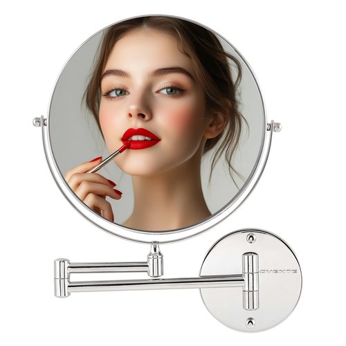 OVENTE 9" Wall Mounted Makeup Mirror with 1X/10X Magnification, Double Sided Magnifying Round Bathroom Vanity Mirror, 360° Swivel Design, Extendable and Folding Arm, Polished Chrome MNLFW90CH1X10X