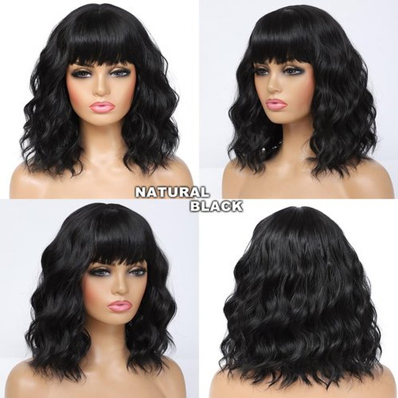 Amarlis Short Black Wigs for Women, 14 Inch Bob Curly Wig with Bangs, Natural Looking Heat Resistant Synthetic Fiber Bob Wigs for Cosplay Daily Party Use
