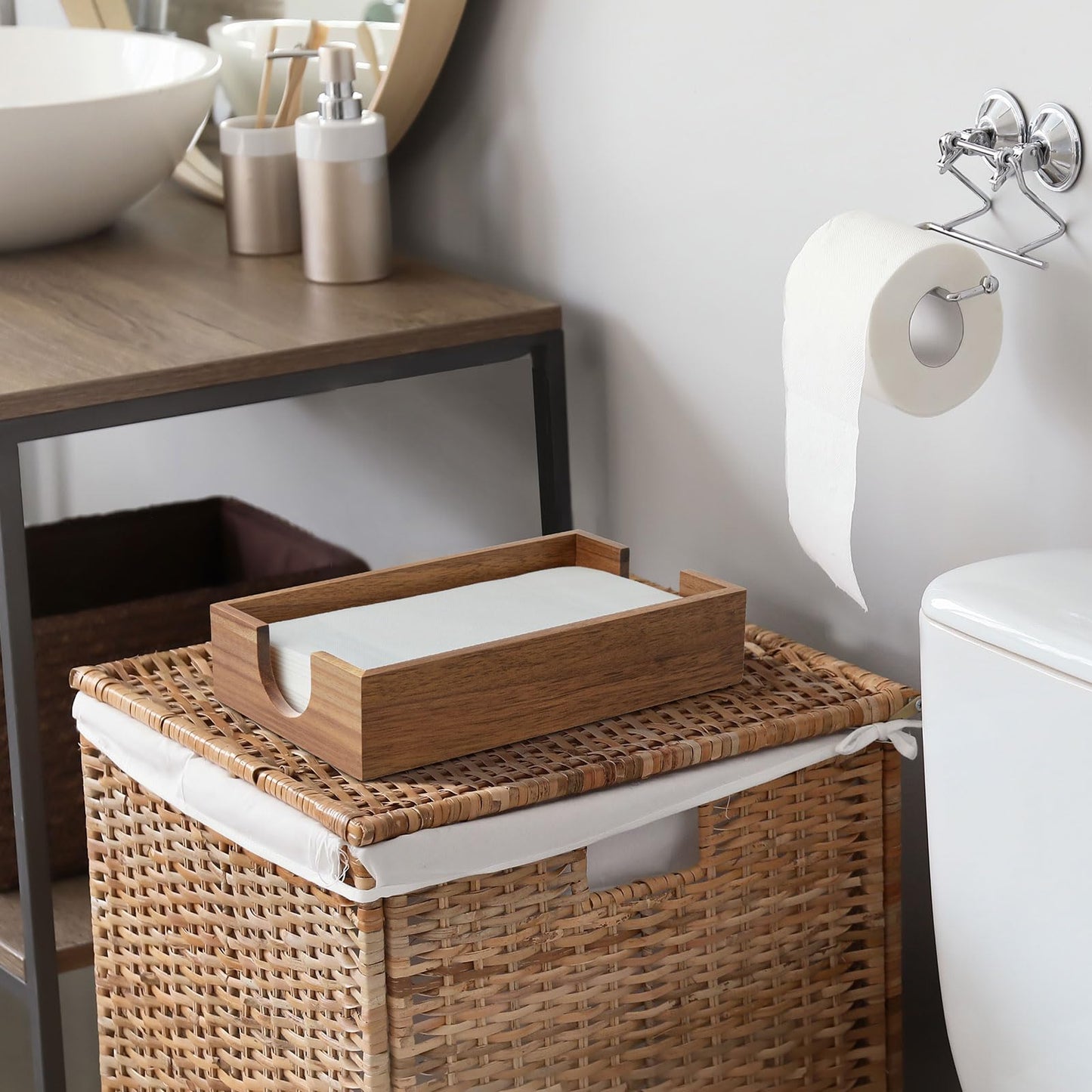 Napkin Holder for Bathroom, Acacia Wooden Guest Towel Holder Tray for Bathroom, Disposable Paper Hand Towel Holder for Bathroom Accessories, Dinner Napkin Holder for Kitchen Table Party
