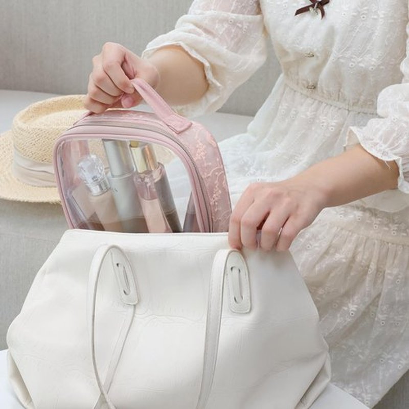 PACKISM TSA Approved Toiletry Bag - Floral Texture Lace Clear Makeup Bags with Handle, Clamshell Closing 180° Opening, Clear Toiletry Bags for Travel Essentials, 0.5 mm Thick, Pink